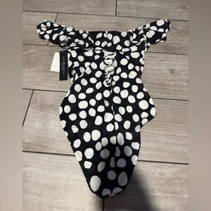 La Blanca Polka Dot Ruffle Off Shoulder One Piece Swimsuit Black White Size 12